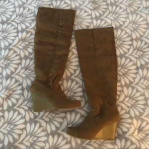 Brown Suede Knee High Boots / Wedges